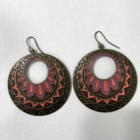 Bohemian Colorful Pattern Bronze Hoops - Picture 7 of 11